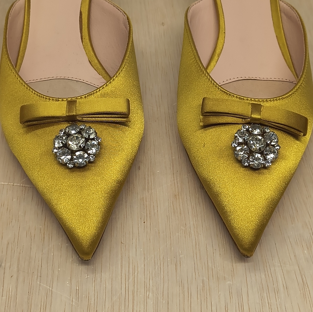 Kate Spade Darlene Yellow Satin Bow Jewel Pointed Toe Kitten Heel Mules Size 8 - Picture 2 of 12